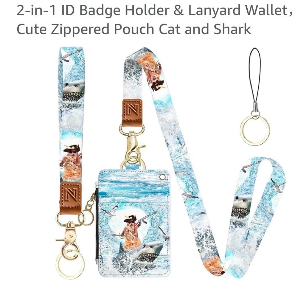2-in-1 ID Badge Holder Lanyard Wallet Pirate Cat Shark Blue NEW